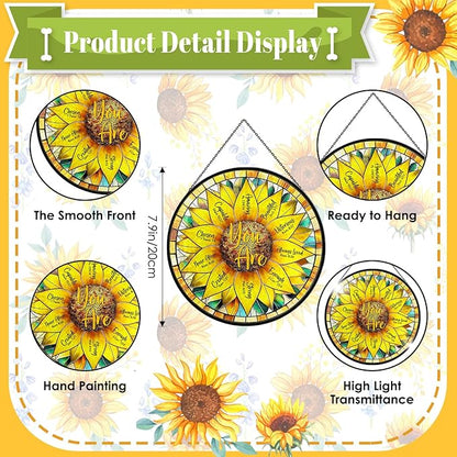 Christian Sunflower Stained Glass Window Hanging, 7.9" Inspirational Bible Verse Sun Catcher Glass Panel, Sunflower Decor Hand Painted Round Wall Art, Religious Gifts for Women, Mom, Wife