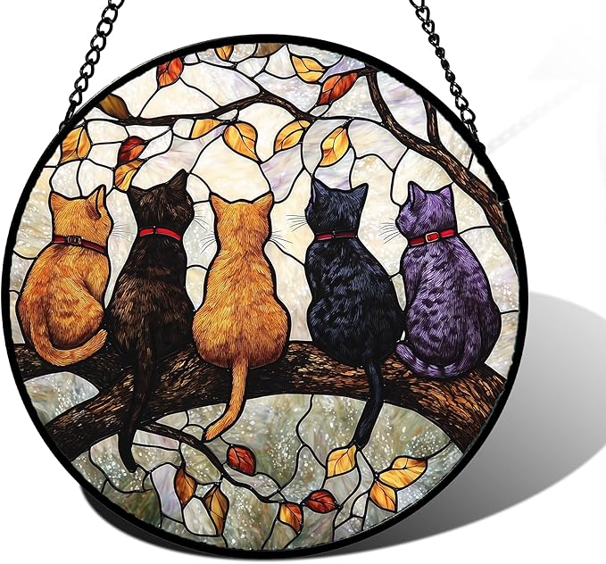 DASTOLL Stained Glass Window Hanging - 5 Cats on a Branch Suncatcher for Window Doors Home Decoration and Christmas, Mother's Day Father's Day Birthday Gifts for Women, Men, and Mom 7.8x7.8 in