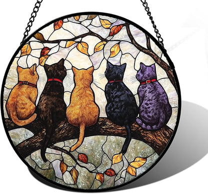 DASTOLL Stained Glass Window Hanging - 5 Cats on a Branch Suncatcher for Window Doors Home Decoration and Christmas, Mother's Day Father's Day Birthday Gifts for Women, Men, and Mom 11.8x11.8 in
