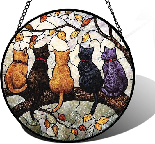 DASTOLL Stained Glass Window Hanging - 5 Cats on a Branch Suncatcher for Window Doors Home Decoration and Christmas, Mother's Day Father's Day Birthday Gifts for Women, Men, and Mom 11.8x11.8 in