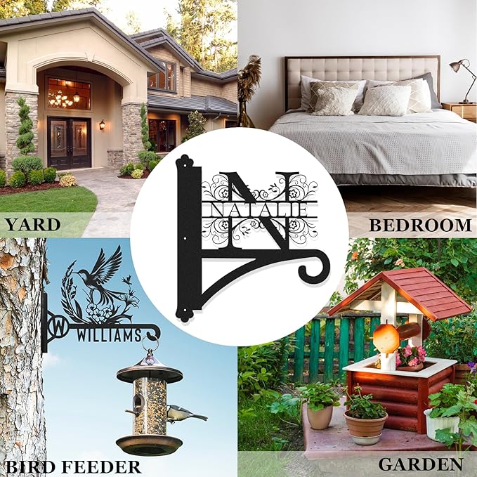 Custom Family Name Hanging Bracket Indoor and Outdoor | Personalized Initials Flower Hangers Gifts for Mother | Customizable 10 Inch Metal Plant Hanger | Plant Hook for Bird Feeder Wind Chime