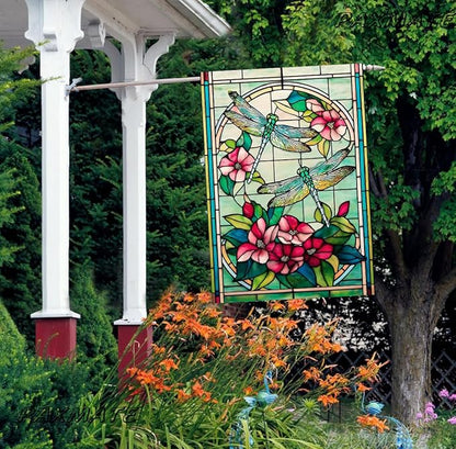 Spring Summer Dragonfly House Flag 28x40 Inch Double Sided, Stained Glass Dragonfly Floral Outdoor Flag Colorful Flower Large Yard Flag Seasonal Lawn Porch Farmhouse Decor