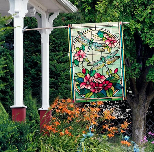 Spring Summer Dragonfly House Flag 28x40 Inch Double Sided, Stained Glass Dragonfly Floral Outdoor Flag Colorful Flower Large Yard Flag Seasonal Lawn Porch Farmhouse Decor