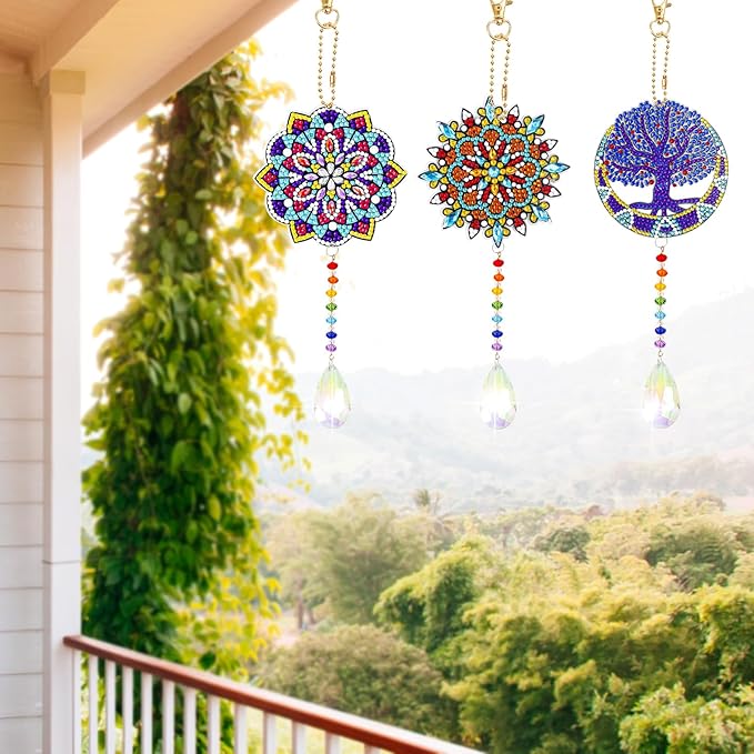 Sinor 6 Pcs Diamond Painting Wind Chimes Suncatcher, Hanging Crystal Double Sided Chime Ornament Decor for Garden Window Home DIY Kits for Adults -Style B