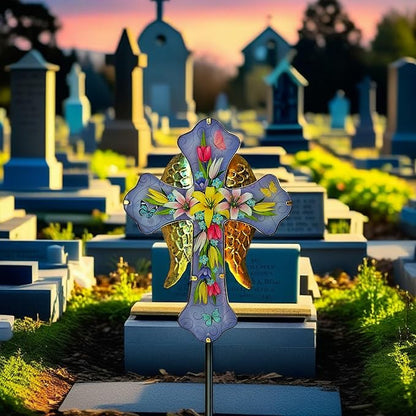 WAIU Solar Cross Garden Stake Lights,Metal Angel Wing & Acrylic Flowers Cross Solar Christmas Lights Outdoor,Waterproof Memorial Garden Decor for Remembrance Gifts & Sympathy Gifts.