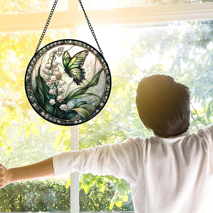 DASTOLL Stained Glass Window Hanging, Lily of the Valley Flower Butterfly Suncatcher for Doors Home Sun Catchers Decoration and Christmas, Mother's Day Birthday Gifts for Women, Men, Mom 9.8 in