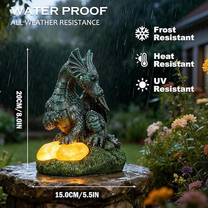 Dragon Statue Outdoor Decor, Porch Dragon Statue with Precious Stone Light - 7.8 inch Lawn Ornaments, Perfect Patio Decor & Yard Decorations Outdoor
