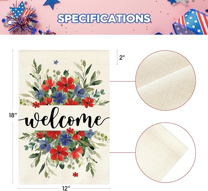 AVOIN colorlife Memorial Day Patriotic 4th of July Garden Flag 12x18 Inch Double Sided Outside, Welcome Floral Yard Outdoor Decoration