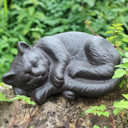 Cast Iron Sleeping Cat Statue Figurine Animal Decor,Heavy Duty Decoration Ornaments for Home Garden,Black