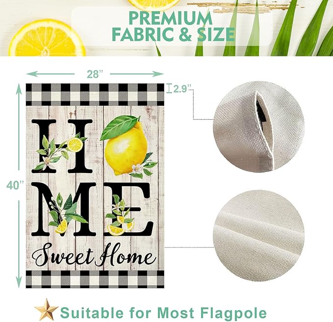 ORTIGIA Summer Lemon House Flag 28 x 40 Inch Double Sided Burlap Home Sweet Home Yellow Fruit Yard Flag Holiday Spring Farmhouse Seasonal Outdoor Outside Decoration (Large)