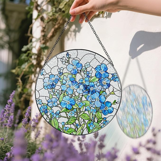 Stained Glass Window Hanging, 8 Inch Forget Me Not Stained Glass Suncatcher, Window Hanging Decor, Flower Sun Catchers, Gifts for Flower Lover, Birthday Gifts for Lover, Friend, Family, Teacher