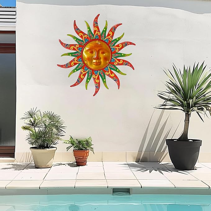 Metal Sun Wall Decor, 16 Inches, Colorful Sun Face Art Hanging for Indoor Outdoor Garden Farmhouse Yard Patio Fence Living Room Bedroom