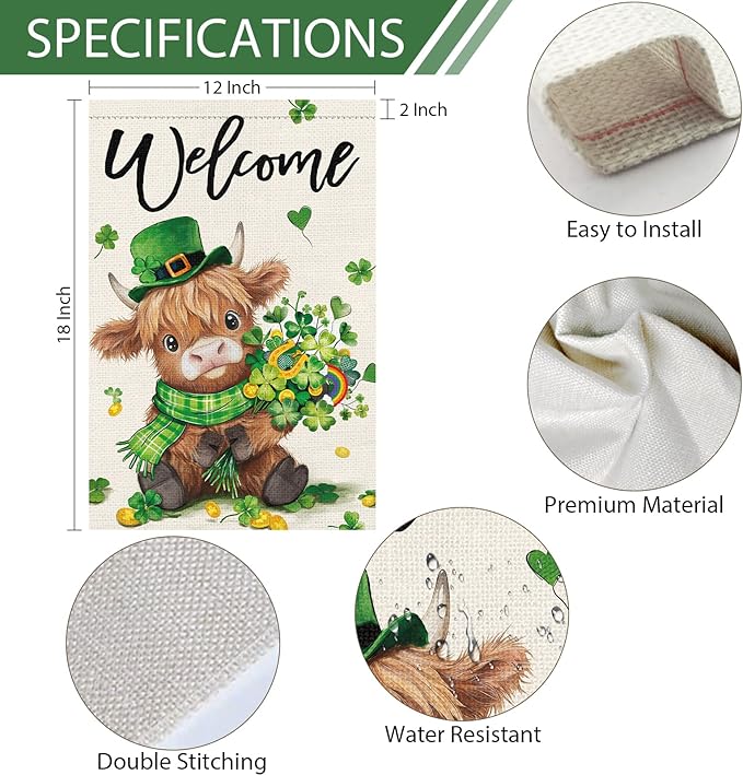 Heyfibro Welcome St. Patrick's Day Garden Flag 12x18 Double Sided Burlap, Highland Cow with Shamrock Bouquet & Green Plaid Scarf Yard Flag for Spring Seasonal Irish Farmhouse Outdoor Decor(ONLY FLAG)