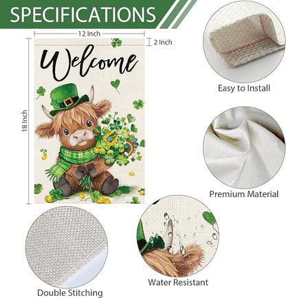 Heyfibro Welcome St. Patrick's Day Garden Flag 12x18 Double Sided Burlap, Highland Cow with Shamrock Bouquet & Green Plaid Scarf Yard Flag for Spring Seasonal Irish Farmhouse Outdoor Decor(ONLY FLAG)