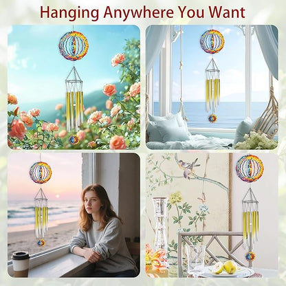 Wind Chime with Sun and Moon Spinner, Celestial Gift for Women, Hanging Metal Wind Catcher with 2" Center Pendant, 6" 3D Stainless Steel Kinetic Art for Garden Yard Décor