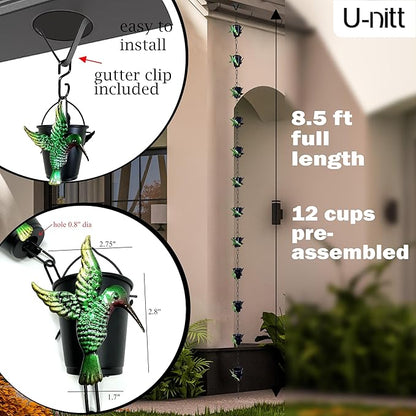 U-nitt Rain Chain Water Collection for Gutters Rainwater Catcher & Diverter, 8.5 FT Chains for Outside Garden, Bird Bucket Cups, Roof Downspout, Works with Heavy Rain, w/ Gutter Clip for Rainchains