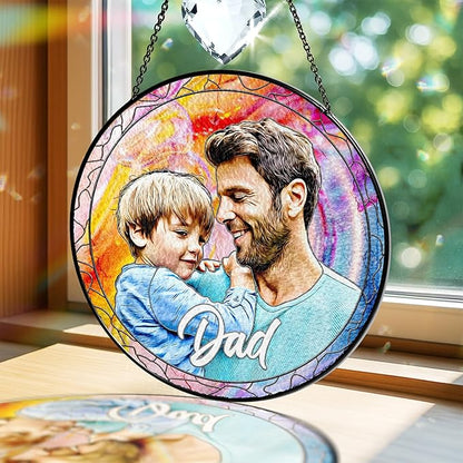 VINATIMES Personalized Grandpa Stained Glass Suncatcher, Photo Family Faux Stained Glass Window Hanging Ornament, Custom Photo Gift for Dad from Son Daughter, Birthday Gift for Grandpa, Uncle