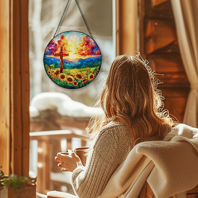 Christian Cross Suncatcher Garden Stained Glass Window Hanging, Christian Sunset Flower Sun Catchers Indoor Window Glass Round Wall Decor, Religious Wall Art Hanging Decorations, ＂7.8x7.8＂