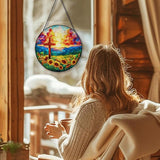 Christian Cross Suncatcher Garden Stained Glass Window Hanging, Christian Sunset Flower Sun Catchers Indoor Window Glass Round Wall Decor, Religious Wall Art Hanging Decorations, ＂7.8x7.8＂