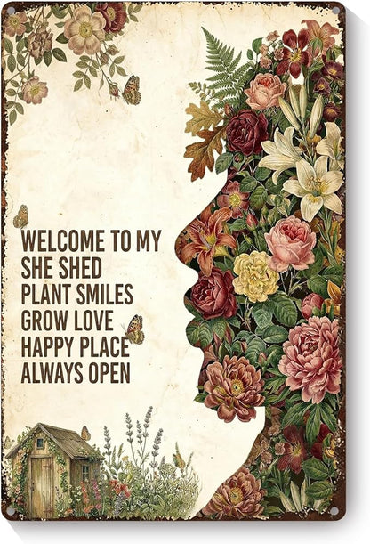Vintage Metal Garden Sign, Welcome to My She Shed Wall Decor, Gardening Gifts for Women, Home Patio Yard Art, 8 x 12 Inches