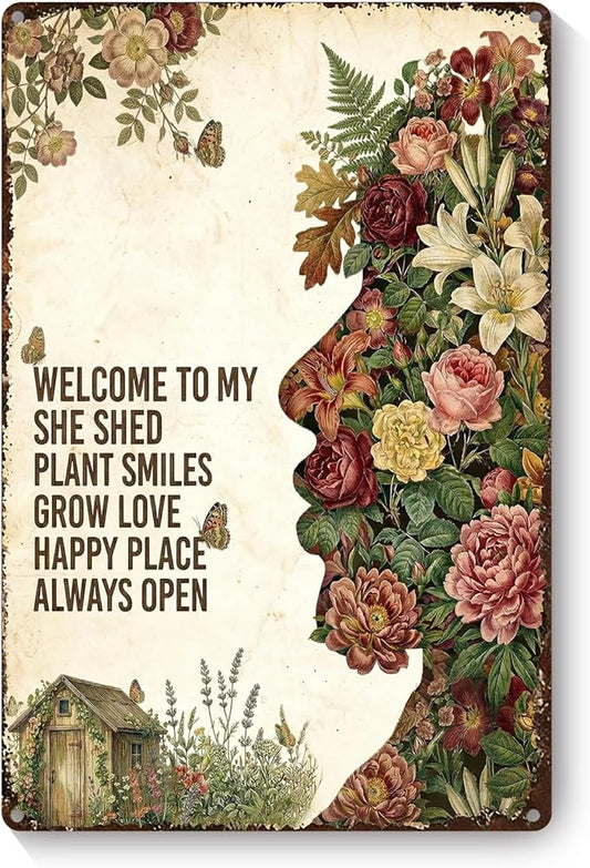 Vintage Metal Garden Sign, Welcome to My She Shed Wall Decor, Gardening Gifts for Women, Home Patio Yard Art, 8 x 12 Inches