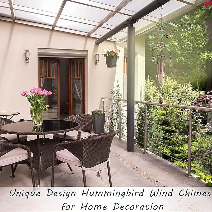 Wind Chimes - Green Hummingbird Wind Chimes for Outside Deep Tone 34 inches 5 Aluminum Tubes, Birthday, Memorial, Hummingbird Gifts for Mom, Grandma, Decorations for Home, Garden, Patio, Backyard
