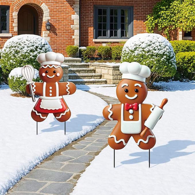 2 Pack Christmas Yard Stakes Metal Stakes 3D Boy and Girl Yard Sign Christmas Outdoor Decorations for Outside Holiday Xmas Winter Ornament Lawn Pathway(Ginger Cake Chef)