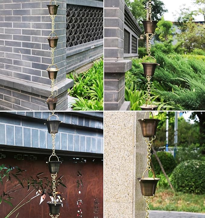 Decorative Rain Chains Waterfall, Rain Chain Copper Rain Chain Extension, Ancient Temple Eaves Water Guide Rain Chain Cups, Rain Catcher Wind Chime for Downspouts, Garden Decorative ( 240cm (8ft))