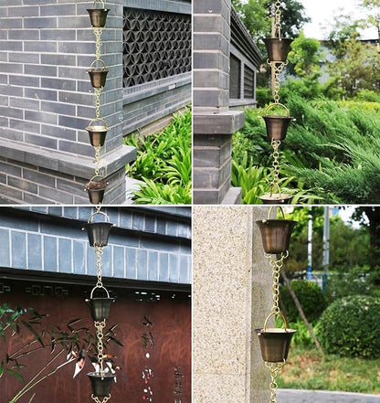 Decorative Rain Chains Waterfall, Rain Chain Copper Rain Chain Extension, Ancient Temple Eaves Water Guide Rain Chain Cups, Rain Catcher Wind Chime for Downspouts, Garden Decorative ( 240cm (8ft))