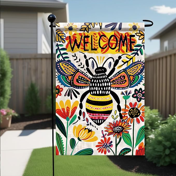 Startlit Patio Welcome Spring Summer Garden Flag 12x18 Double Sided Small Summer Bee Garden Yard Flags Outside Outdoor Seasonal Porch Lawn Decoration