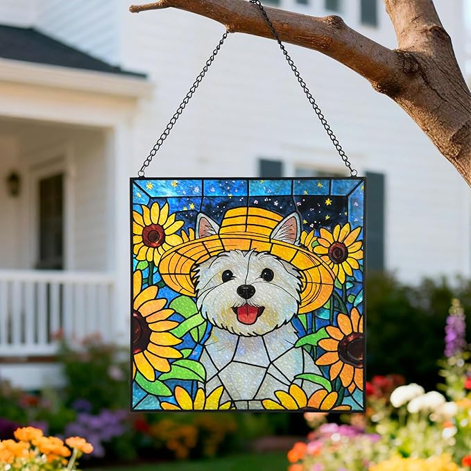 Stained Glass for Window Hanging Dog Suncatcher, Sun Catchers for Outdoor Decoration, Westie Garden Decor, Gifts for Women, Lovers, Couple, Friend, Colleagues