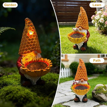 Solar Garden Gnome with LED Lights - Sunflower Garden Gnomes Outdoor, Gnomes Decorations for Yard, Patio, Lawn - Gift for Mom, Grandma, Gnome Gifts for Women, Garden Lovers