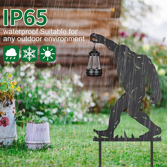 2Pack Solar Outdoor Garden Lights Stakes Solar Metal Bigfoot Lawn Deco Statue Black Bigfoot Patio Garden Decorative Stakes with Lantern Christmas Birthday Gifts for Women Mom and Grandma
