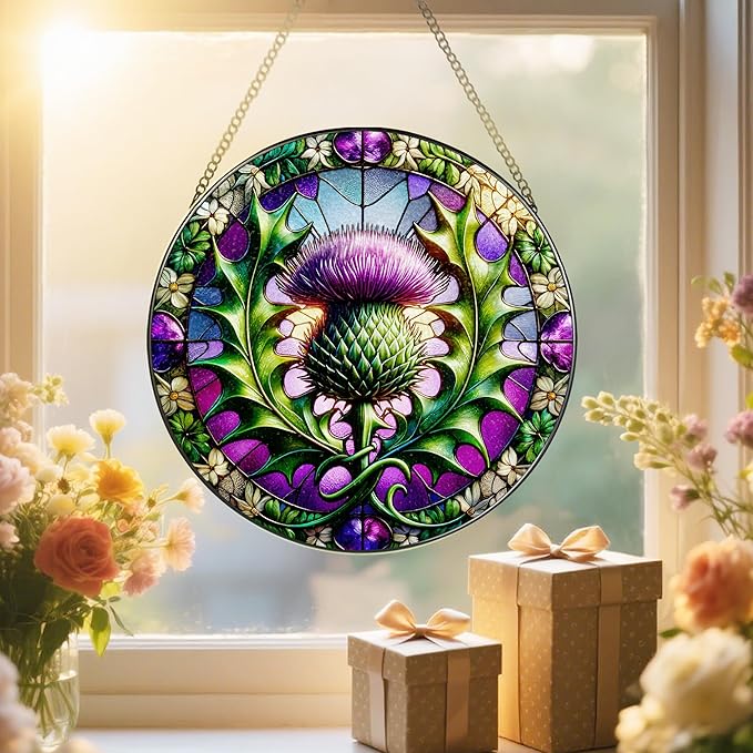 Stained Glass Window Hanging, 8 Inch Thistle Suncatcher, Sun Catchers Indoor Window, Windows Hanging Decor and Holiday, Christmas, Mother's Day, Birthday, Gifts for Mom, Grandma, Friend, Couple, Lover