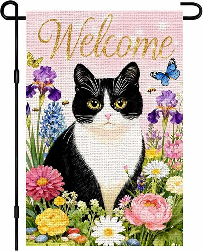 IVN Welcome Cat Spring Garden Flag 12x18 Inch Black White Kitty Watercolor Floral Garden Yard Flag Gold Glitter Welcome Butterflies Bees Daisies Iris Pink Flowers Double Sided Burlap Vertical Small House Flag Seasonal Outdoor Decoration for Front Door ...