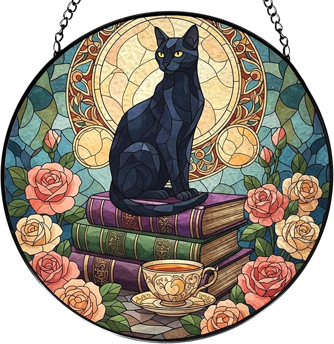 Black Cat Floral Book Stained Glass Window Hanging, Black cat suncatcher,Beautiful Flowers Book Lovers Stained Glass Suncatcher, Book Reader Gifts Round Wall Hanging Decor, 7.9x7.9in