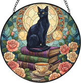 Black Cat Floral Book Stained Glass Window Hanging, Black cat suncatcher,Beautiful Flowers Book Lovers Stained Glass Suncatcher, Book Reader Gifts Round Wall Hanging Decor, 7.9x7.9in