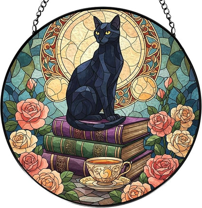 Black Cat Floral Book Stained Glass Window Hanging, Black cat suncatcher,Beautiful Flowers Book Lovers Stained Glass Suncatcher, Book Reader Gifts Round Wall Hanging Decor, 7.9x7.9in