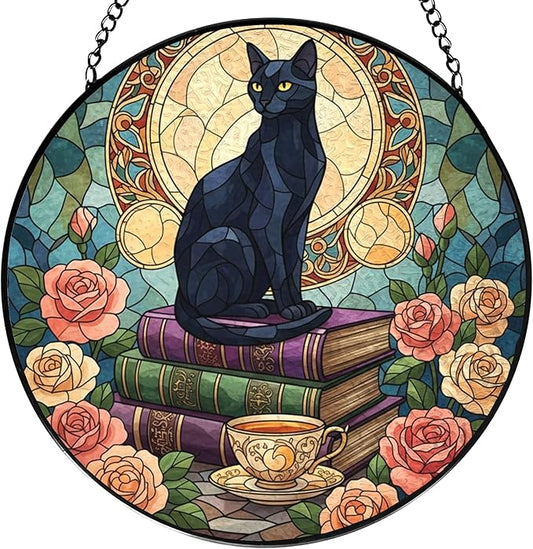 Black Cat Floral Book Stained Glass Window Hanging, Black cat suncatcher,Beautiful Flowers Book Lovers Stained Glass Suncatcher, Book Reader Gifts Round Wall Hanging Decor, 7.9x7.9in