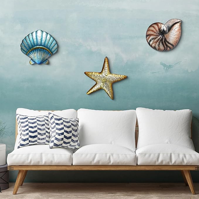 Weibefee 3 Pcs Metal Beach Wall Decor Sea Star Shell Conch Metal Mother's Day Decor Ocean Theme Marine Coastal Bathroom Mother's Day Decorations Gift Rustic Cottage Nautical Wall Art for Office Home Living Room Nursery Room