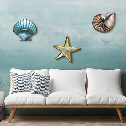 Weibefee 3 Pcs Metal Beach Wall Decor Sea Star Shell Conch Metal Mother's Day Decor Ocean Theme Marine Coastal Bathroom Mother's Day Decorations Gift Rustic Cottage Nautical Wall Art for Office Home Living Room Nursery Room