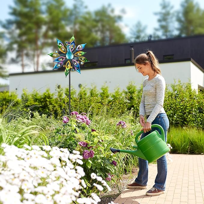 DREAMYSOUL Outdoor Peacock Wind Spinners with Gem Decor, 13" D*65" H Double Sided Kinetic Wind Sculptures & Spinners, Metal Peacock Decor for Garden Yard Lawn
