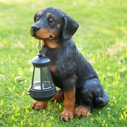 Garden Dog Statues Outdoor Decor, 13" Solar Powered LED Lights Outdoor Statue Garden Decorations Rottweiler Figurine for Patio, Lawn, Yard Decor, Valentines Day Gifts, Housewarming Garden Gift