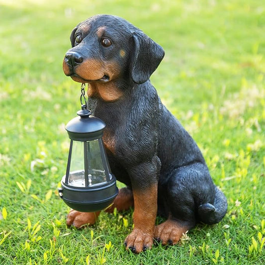 Garden Dog Statues Outdoor Decor, 13" Solar Powered LED Lights Outdoor Statue Garden Decorations Rottweiler Figurine for Patio, Lawn, Yard Decor, Valentines Day Gifts, Housewarming Garden Gift