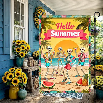 BlissYard Hello Summer Skeleton Garden Flag 12x18 Double Sided Vertical Outdoor Decor Tropical Beach Skull Banner Colorful Vacation Yard Garden Lawn Welcome Display