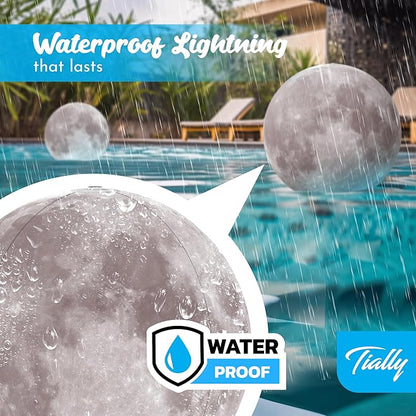 TIALLY Full Moon Floating Pool Lights Solar Powered - 14" Inflatable PVC Light Up Pool Balls for Swimming Pool, Solar Pool Lights that Float, Pool Owners (2 Pack)