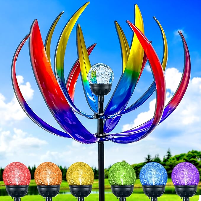 Wind Spinners Outdoor for Yard and Garden - Wind Sculptures & Spinners - 70 Inch Wind Spinner with Solar Powered Multi-Color Glass Ball Light for Yard Garden Backyard Lawn Decorations -Multicolored