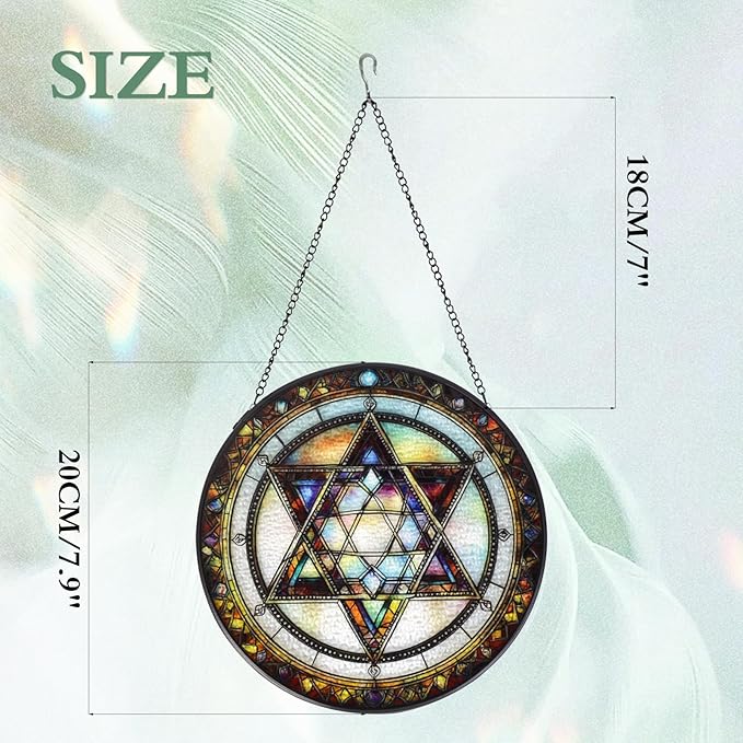 Star of David Stained Glass Window Hanging Suncatcher with Chain - 7.9" Outdoor/Indoor Art Decor for Home Garden, Thanksgiving, Wedding, Mother's, Valentine's & Christmas Ornaments Present