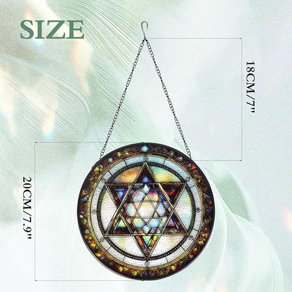Star of David Stained Glass Window Hanging Suncatcher with Chain - 7.9" Outdoor/Indoor Art Decor for Home Garden, Thanksgiving, Wedding, Mother's, Valentine's & Christmas Ornaments Present