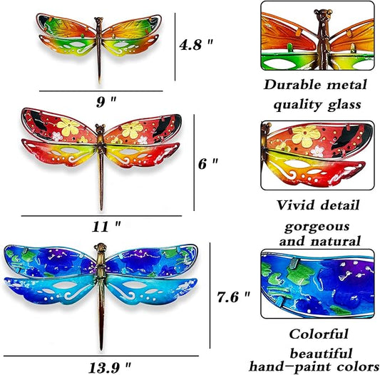 John's Studio Dragonfly Wall Decor Outdoor Metal Garden Hanging Art Glass Sculptures Home Insect Theme Decorations for Living Room, Bedroom Yard, Fence and Patio - 3 PCS